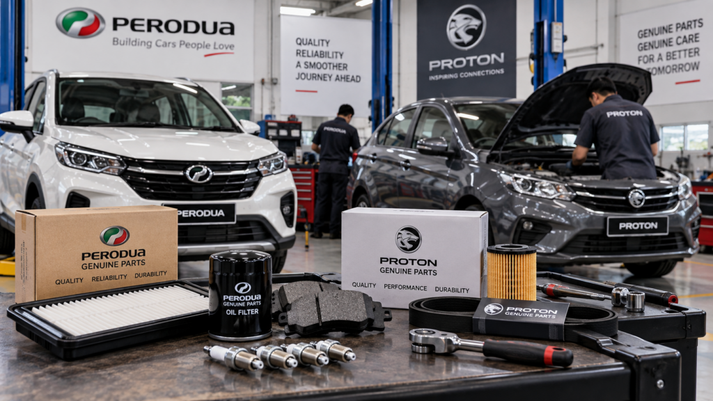 Perodua and Proton cars in a Malaysian workshop with maintenance parts